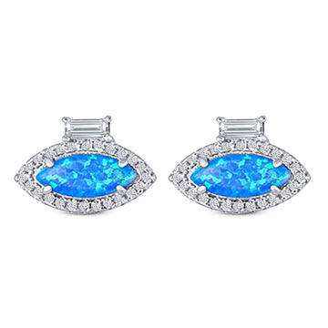Halo Marquise Art Deco Stud Earring Lab Created Blue Opal 925 Sterling Silver (10.9mm)